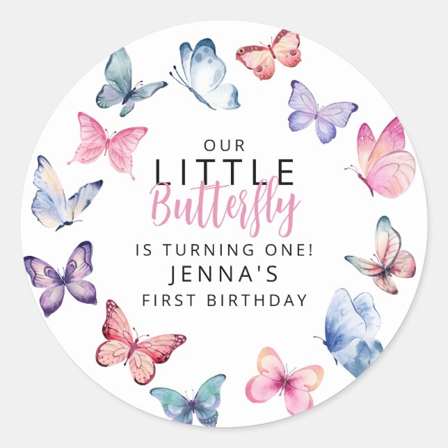 Our Little Butterfly Birthday Party Runder Aufkleber (Vorderseite)