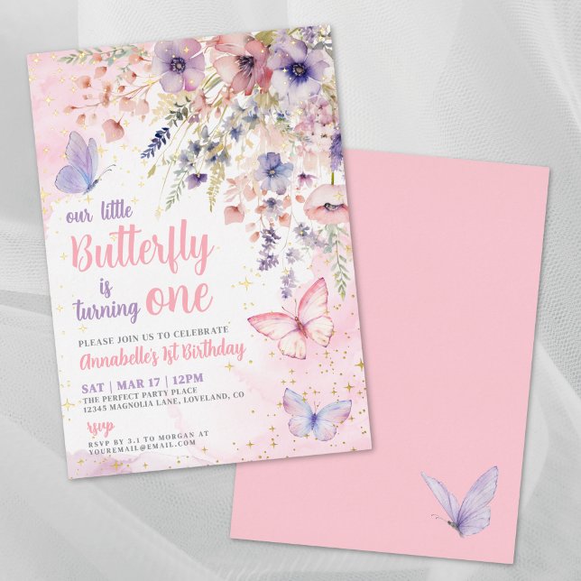 Our Little Butterfly Girl's Birthday Pink Gold Folieneinladung (Our Little Butterfly Girl's Birthday Pink Gold Foil Invitation)