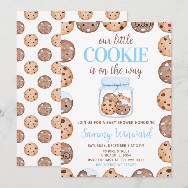 Our Little Cookie Blue Baby Shower Einladung (Vorne/Hinten)