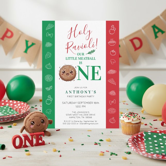 Our Little Meatball is One Birthday Party  Einladung (Holy Ravioli! Our Little Meatball is One Boy's Italian Birthday Party Invitation)