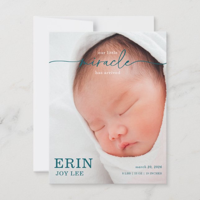 Our Little Miracle Baby Announcement card (Vorderseite)