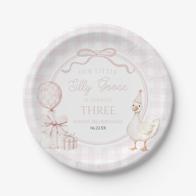 Our Little Silly Goose Pink Bow Birthday Party Pappteller (Vorderseite)