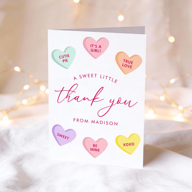 Our Little Sweetheart Candy Hearts Baby Shower Dankeskarte (Von Creator hochgeladen)