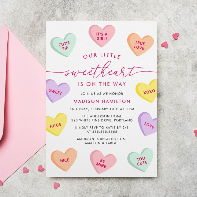 Our Little Sweetheart Candy Hearts Baby Shower Einladung (Von Creator hochgeladen)