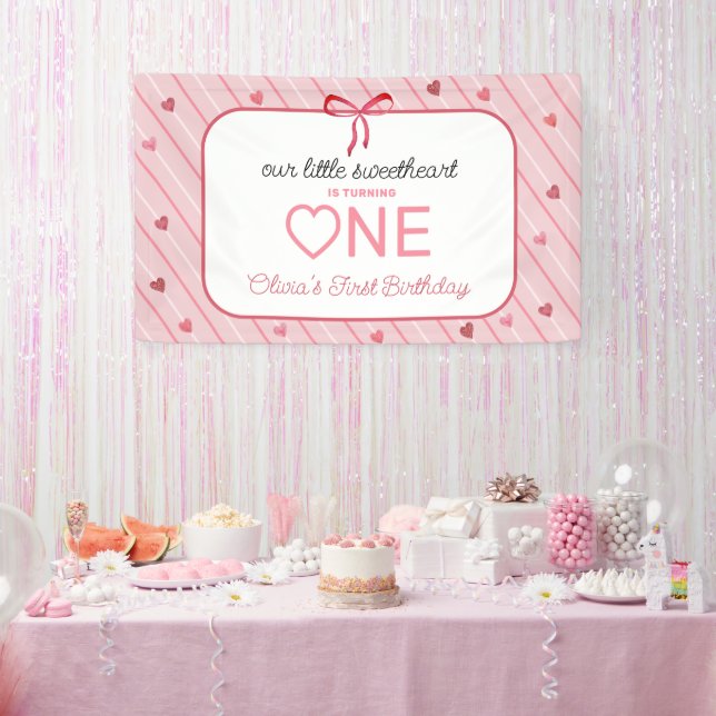 Our Little Sweetheart Is One Hearts Bows Birthday Banner (Party)