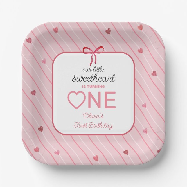 Our Little Sweetheart Is One Hearts Bows Birthday Pappteller (Vorderseite)