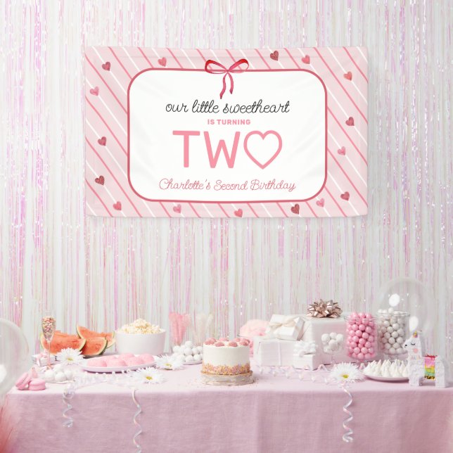Our Little Sweetheart Is Two Hearts Bows Birthday Banner (Party)