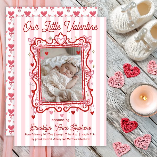 Our Little Valentine Photo Birth Announcement Ankündigung (Our Little Valentine Photo Hearts | Coquette Bows Birth Announcement -- Print | Digital Download)