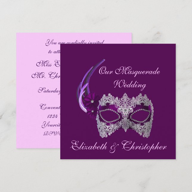 "Our Masquerade Wedding" - Royal Lila Mask [b] Einladung (Vorne/Hinten)
