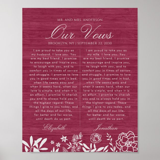 Our Wedding Vows Burgundy Floral Wood Anniversary Poster (Vorne)