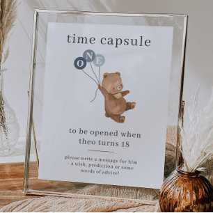 Ours avec 3 Ballons Bleus Temps Capsule Poster