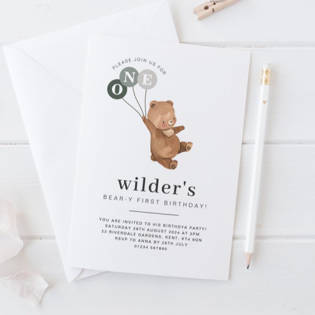 Ours avec 3 Ballons verts 1er Invitation anniversa (Créateur téléchargé)