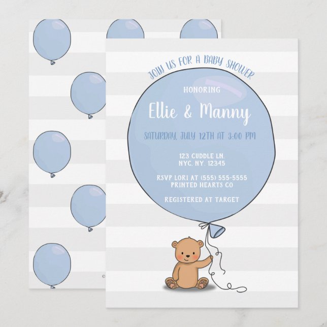 Ours avec Baby shower à ballon Invitation | Bleu (Devant / Derrière)