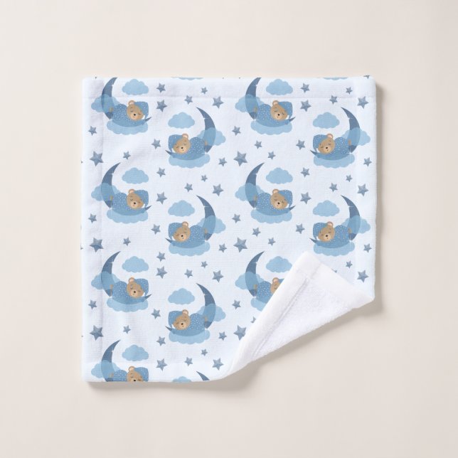 Ours Bébé Couché Bleu Sur Lune Nuages & Étoiles (Gant de toilette)