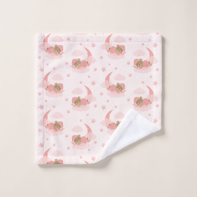 Ours Bébé Couché Rose Sur Lune Nuages & Étoiles (Gant de toilette)
