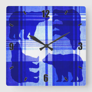 Ours bleu rustique carré horloge murale