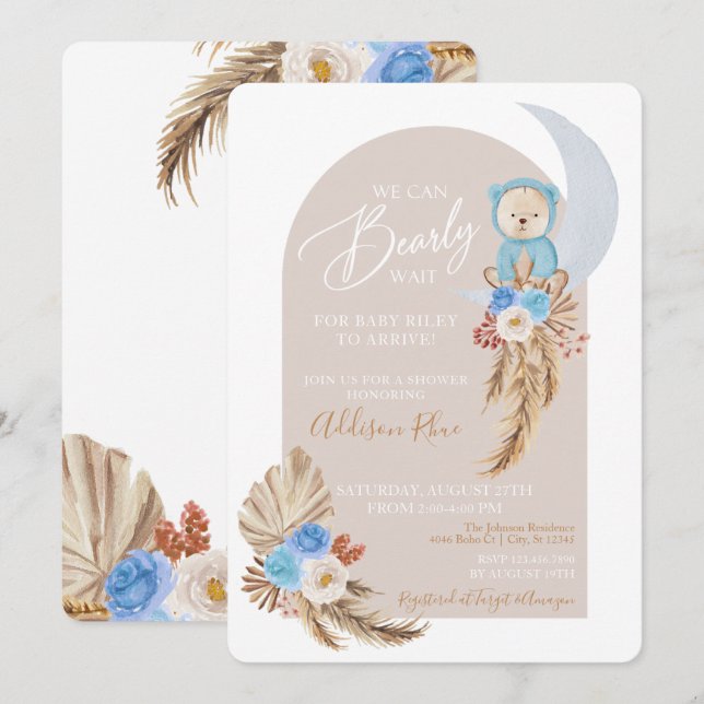 Ours Boho Blue Floral Baby Boy Shower Invitation (Devant / Derrière)