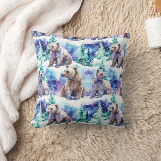 Ours Bruns Aurore Boréale Forêt Hivernale Coussin