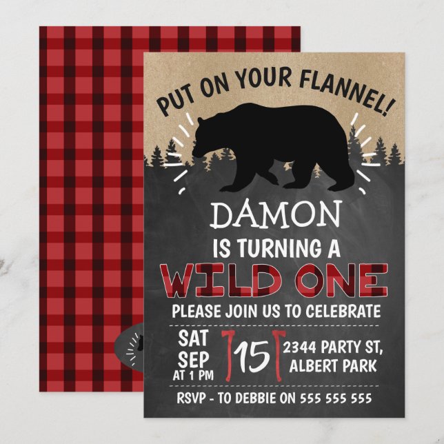 Ours de bûcheron Un 1er anniversaire Invitation (Devant / Derrière)