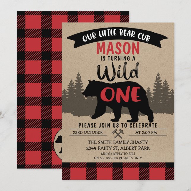 Ours de bûcheron Wild Un Anniversaire Invitation (Devant / Derrière)