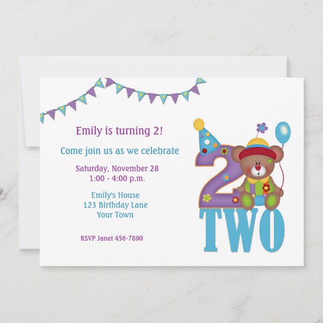 Ours De Clown, Deux, Invitation D'Anniversaire (Devant)