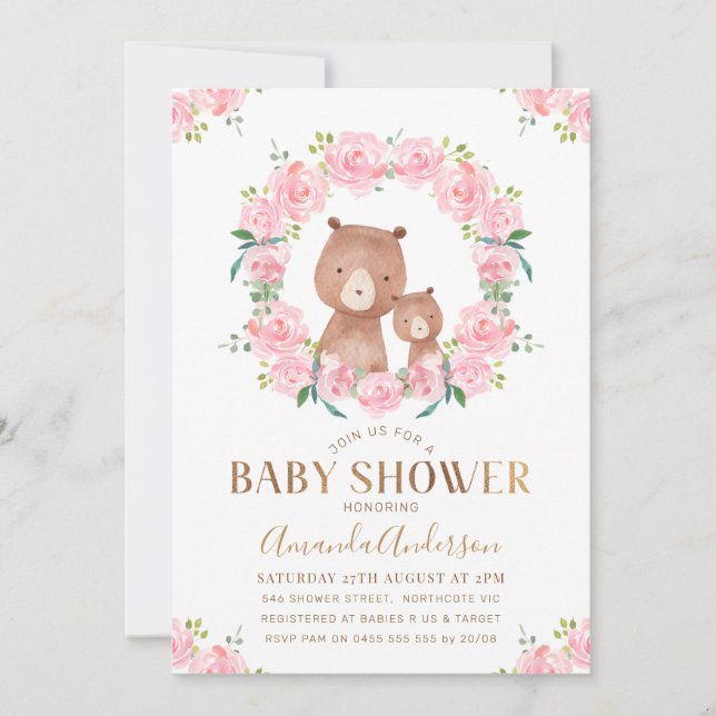 Ours de fleurs roses Baby shower Invitation (Devant)