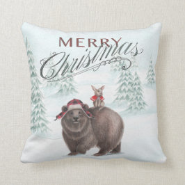 Ours de région boisée et coussin de Joyeux Noël de
