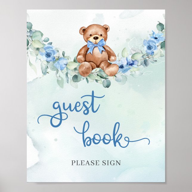 Ours en peluche bleu poussiéreux livre d'or floral (Devant)