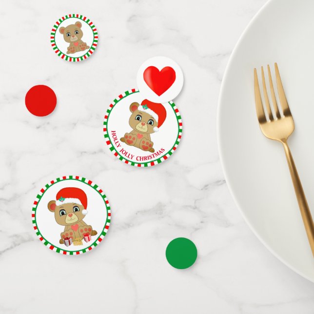 Ours en peluche de Noël sur Confetti vert et rouge (Groupe)