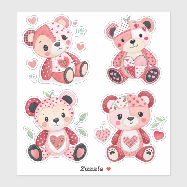 Ours en peluche Patchwork Heart Autocollants (Feuille)