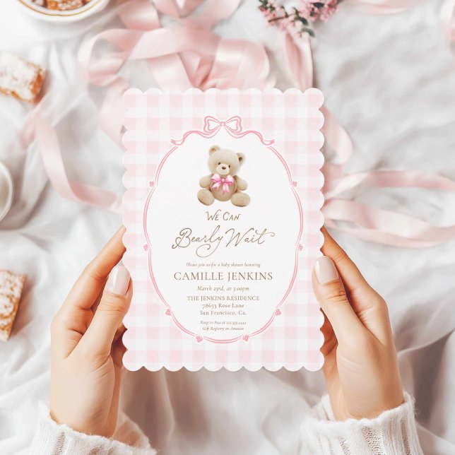 Ours en Teddy rose En vichy Baby shower Invitation (Pink Teddy Bear Girl Baby Shower Invitation)