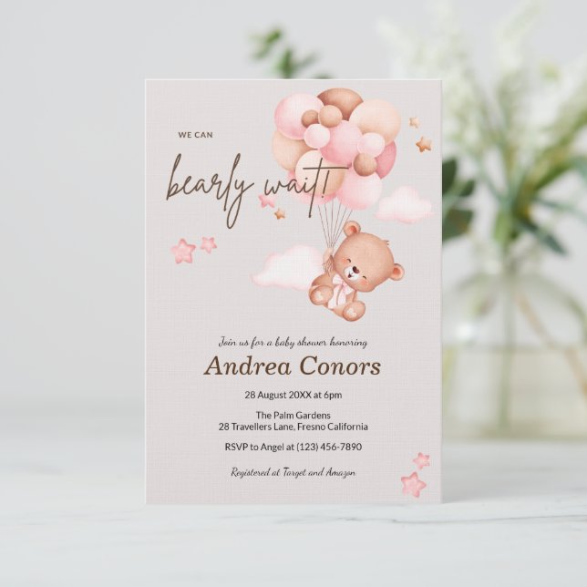 Ours et ballons roses Invitation Baby shower (Debout devant)