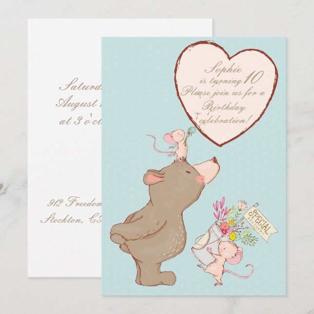 Ours et souris Enfants Invitation Anniversaire (Devant / Derrière)