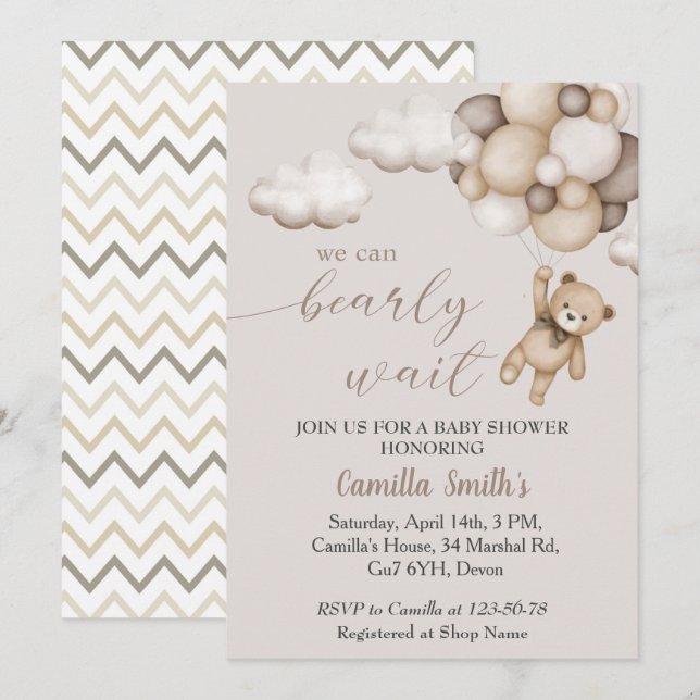 Ours mignon Avec Ballons Baby shower Invitation (Devant / Derrière)