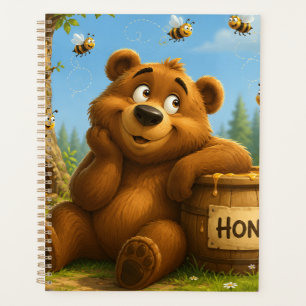 Ours mignon avec baril de miel et abeilles joyeuse