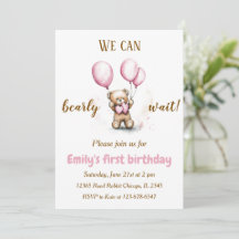 Ours mignon avec des ballons roses | Invitation d'