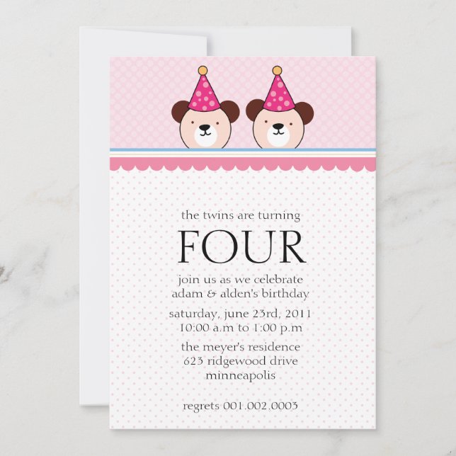 Ours mignons - le rose jumelle des invitations (Devant)