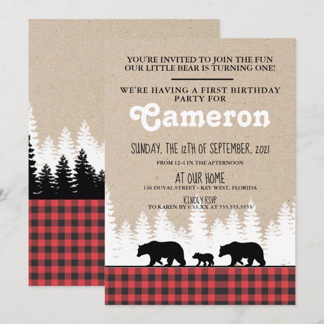 Ours Plaid 1er Anniversaire Fête Invitation (Devant / Derrière)