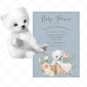 Ours polaire Aquarelle Baby shower bleu Invitation
