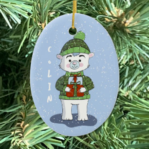 Ours polaire avec cadeaux Ornement de Noël bleu