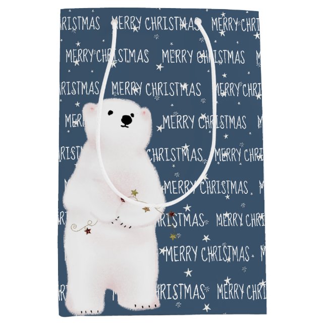 Ours Polaire De Noël Sur Étoiles Sac Cadeau Moyen (Devant)