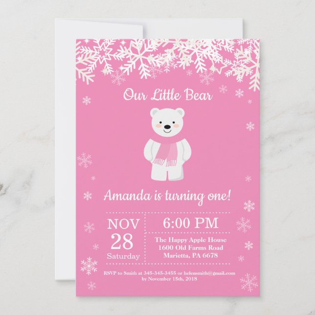 Ours polaire Invitation d'anniversaire fille d'hiv (Devant)