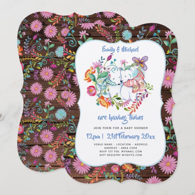 Ours polaire TWINS Baby showers Invitations Fleurs (Devant / Derrière)
