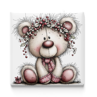 Ours rose Baies de Noël | Aimant de Noël