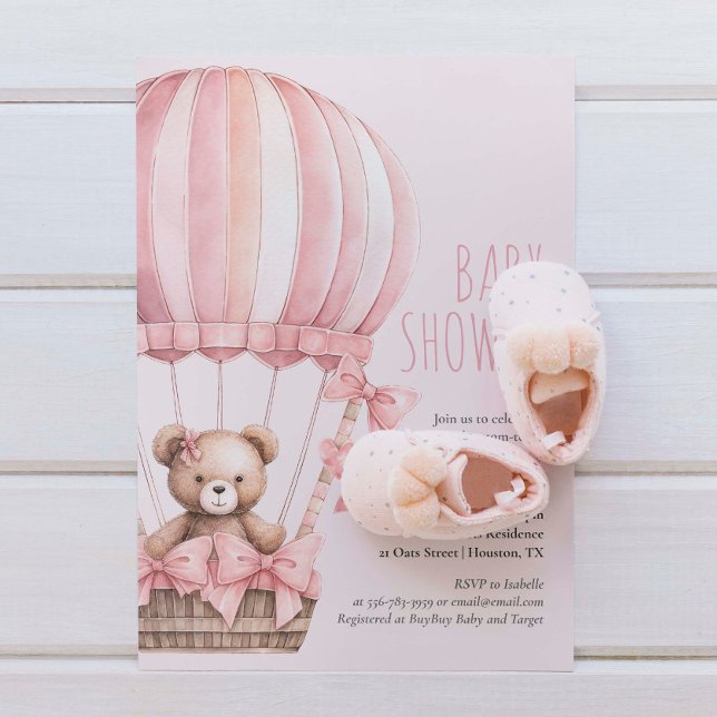 Ours rose dans le Baby shower de ballon Invitation (Pink Bear in Balloon Baby Shower Girl Invitation)