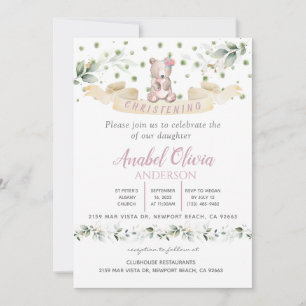 Ours Rose Flore Verdure Baptême Invitation fille