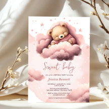 Ours rose sur les nuages invitation pour bébé anni