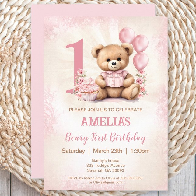 Ours rose Teddy Girl 1er anniversaire Invitation (Pink Teddy Bear Girl 1st Birthday Invitation)