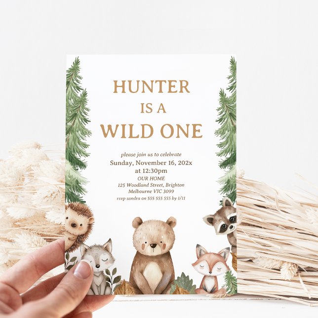 Ours Woodland Wild Un 1er anniversaire Invitation (Bear Woodland Wild One 1st Birthday Party Invitation Boy, Woodland Wild One Birthday Invitation, )