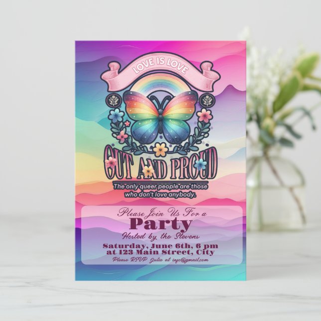 Out and Proud Gay Pride Party Einladung (Stehend Vorderseite)